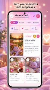 Lovegotchi Memory Vault showing shared photos, notes, favorites, and saved moments