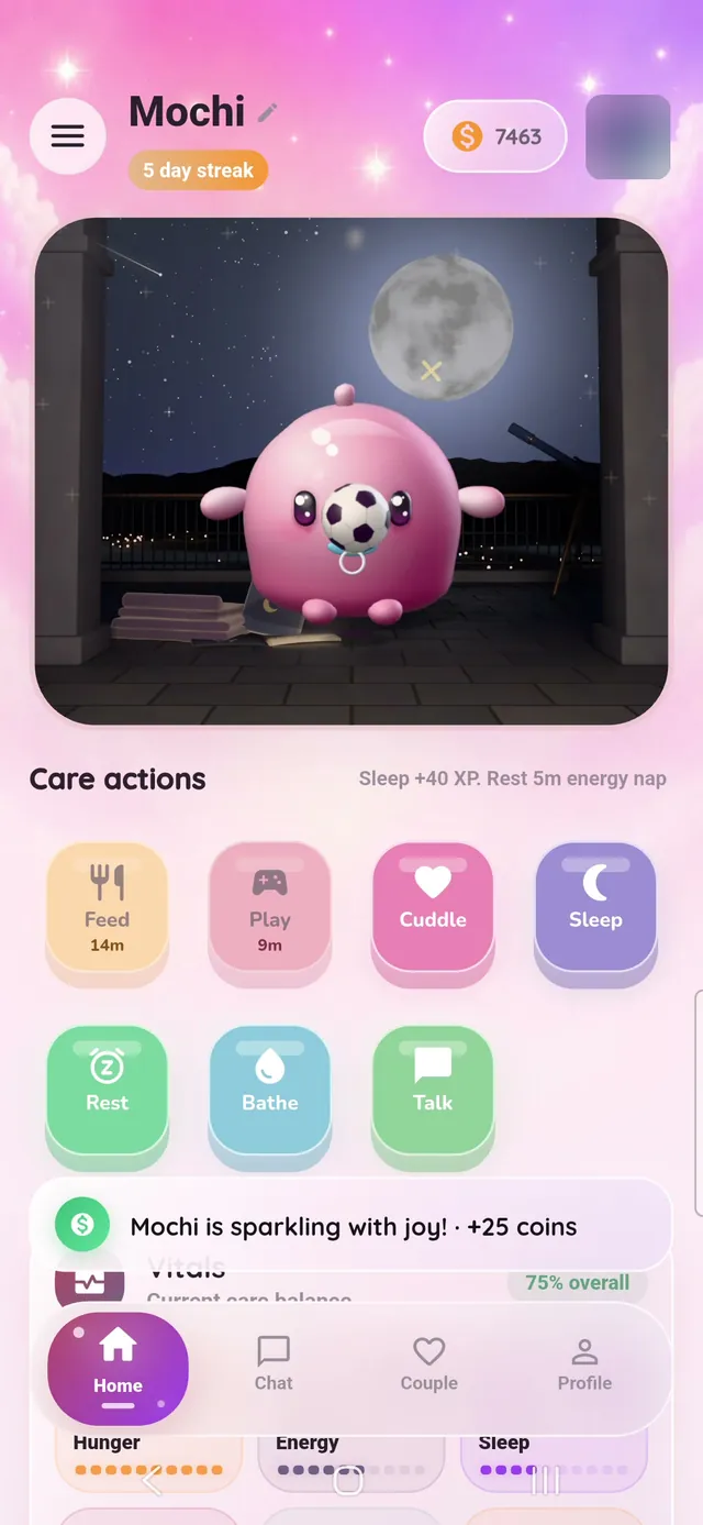Mochi playing with a ball after the Play action, with the message “Mochi is sparkling with joy! +25 coins”