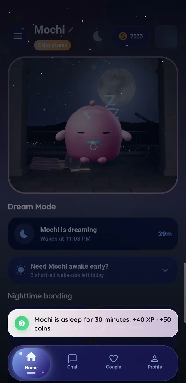 Dream Mode: the room dims while Mochi sleeps, with the message “Mochi is asleep for 30 minutes. +40 XP · +50 coins”
