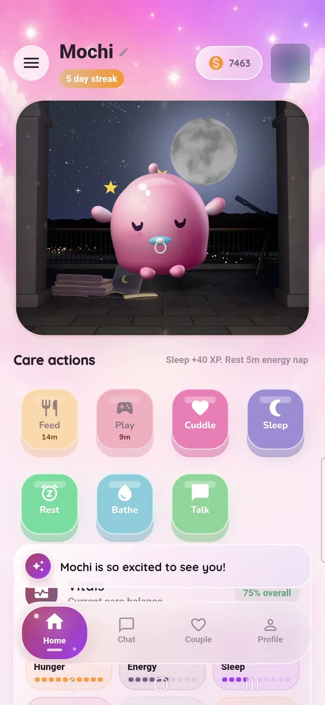 Mochi excited when you open the app