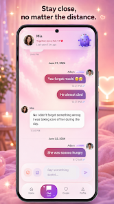 Lovegotchi private two-person chat showing messages and Mochi activity between a long-distance pair