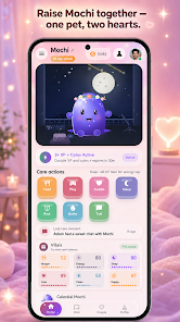 Lovegotchi home screen showing Mochi, pet care stats, and Feed, Play, Cuddle, Bathe, and Sleep actions